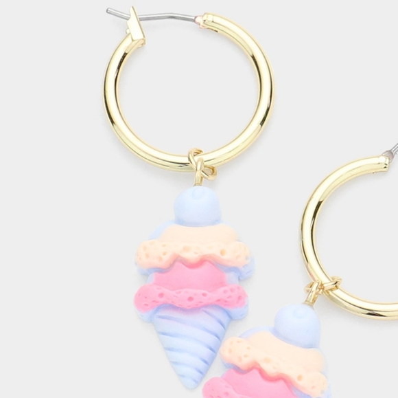 Blue Ice Cream Cone Gold Fun Dangle Earrings Cute - Picture 2 of 2